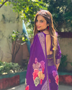 Regal Purple Tussar Silk Saree with Multicolor Floral Prints & Intricate Zari Border