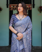 Steel Blue Pure Cotton Linen Saree with Floral and Geometric Block Print, Blouse, and Tassel Detailing