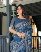 Indigo Blue Pure Cotton Linen Saree with White Floral Pattern, Blouse & Tassel Details