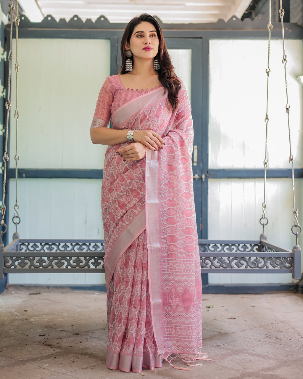 Elegant Rose Pink Pure Cotton Linen Saree with White Thread Work, Matching Blouse, and Tassel Edges