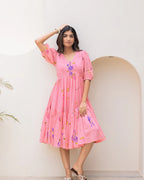 Pink Floral Print Bishop Sleeve Long Kurti