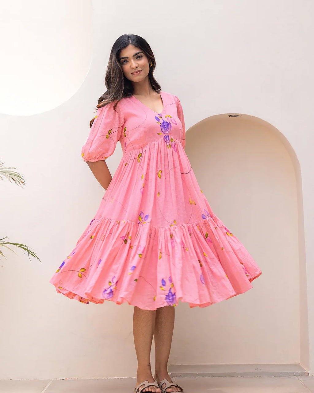 Pink Floral Print Bishop Sleeve Long Kurti