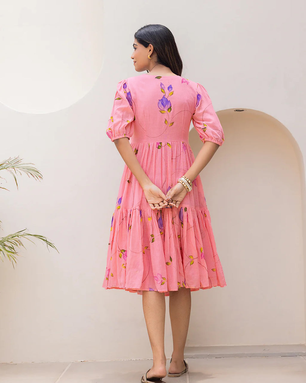 Pink Floral Print Bishop Sleeve Long Kurti