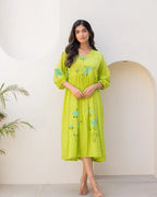 Fluorescent Green Floral Print Bishop Sleeve Long Kurti