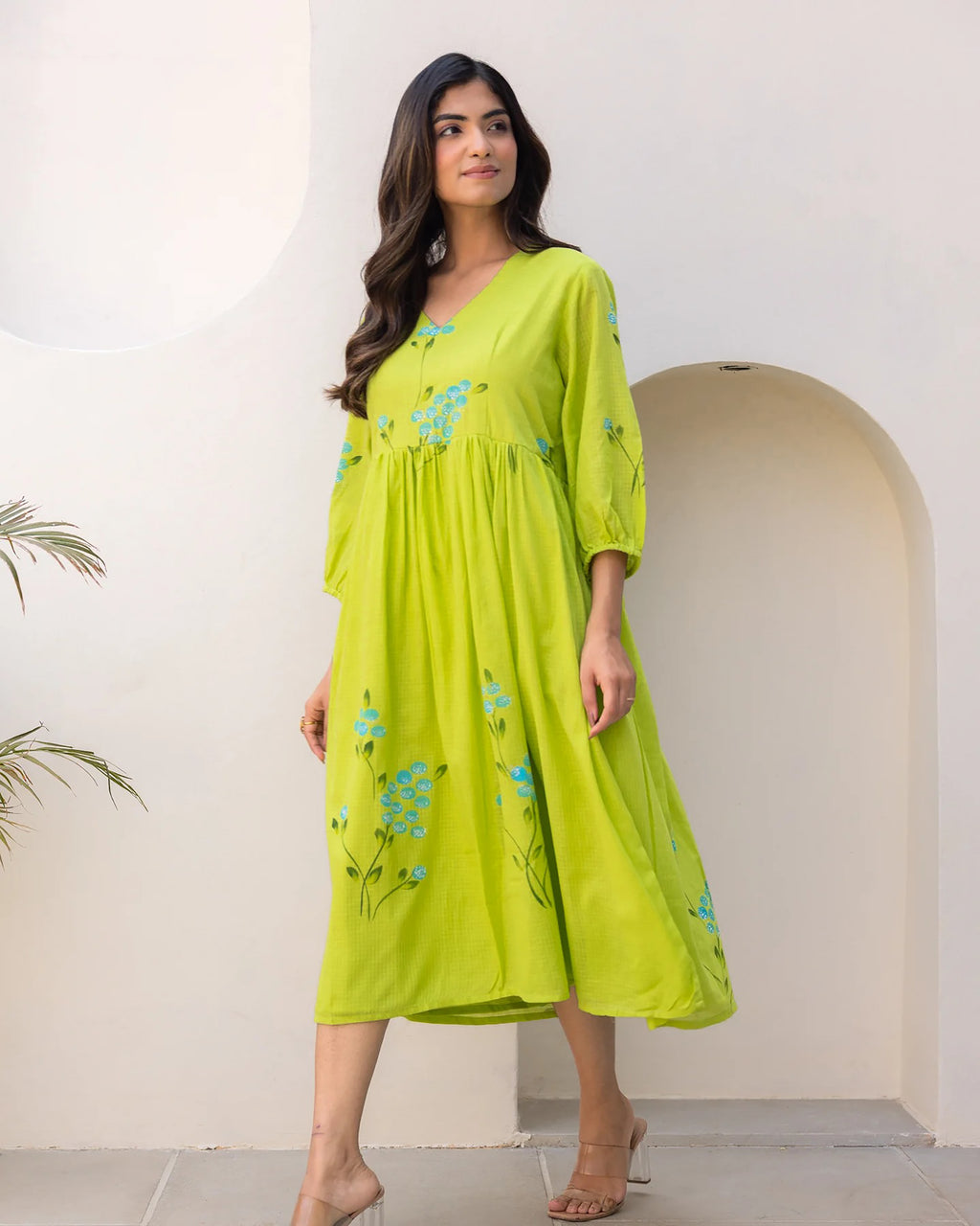 Fluorescent Green Floral Print Bishop Sleeve Long Kurti