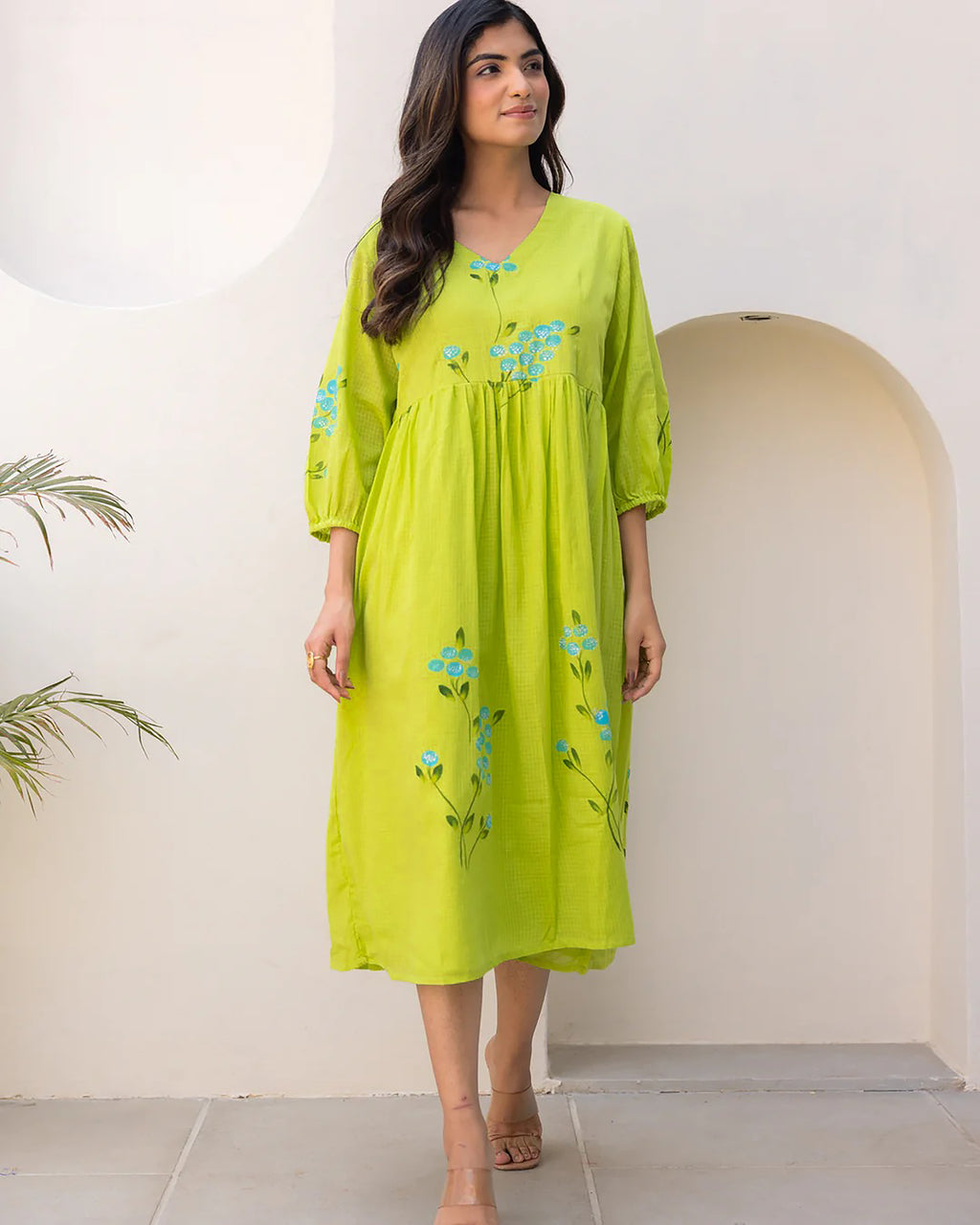Fluorescent Green Floral Print Bishop Sleeve Long Kurti