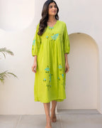 Fluorescent Green Floral Print Bishop Sleeve Long Kurti