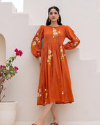 Brown Floral Print Bishop Sleeve Long Kurti