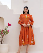 Brown Floral Print Bishop Sleeve Long Kurti