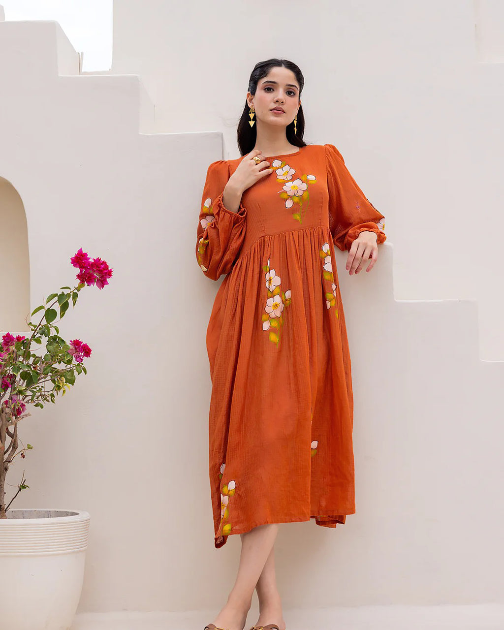 Brown Floral Print Bishop Sleeve Long Kurti