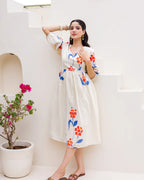 White Floral Print Bishop Sleeve Long Kurti