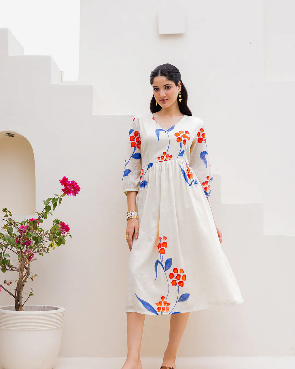 White Floral Print Bishop Sleeve Long Kurti