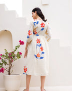 White Floral Print Bishop Sleeve Long Kurti