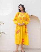 Yellow digital print full round flair kota checks kurti