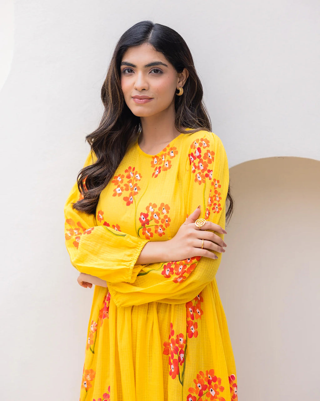 Yellow digital print full round flair kota checks kurti
