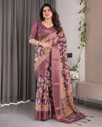 Plum Purple Handloom Linen Saree with Multicolor Floral Pallu & Antique Zari Border | 5.5m Saree + 0.8m Blouse with Tassels