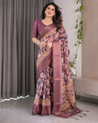 Plum Purple Handloom Linen Saree with Multicolor Floral Pallu & Antique Zari Border | 5.5m Saree + 0.8m Blouse with Tassels