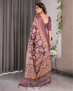 Plum Purple Handloom Linen Saree with Multicolor Floral Pallu & Antique Zari Border | 5.5m Saree + 0.8m Blouse with Tassels