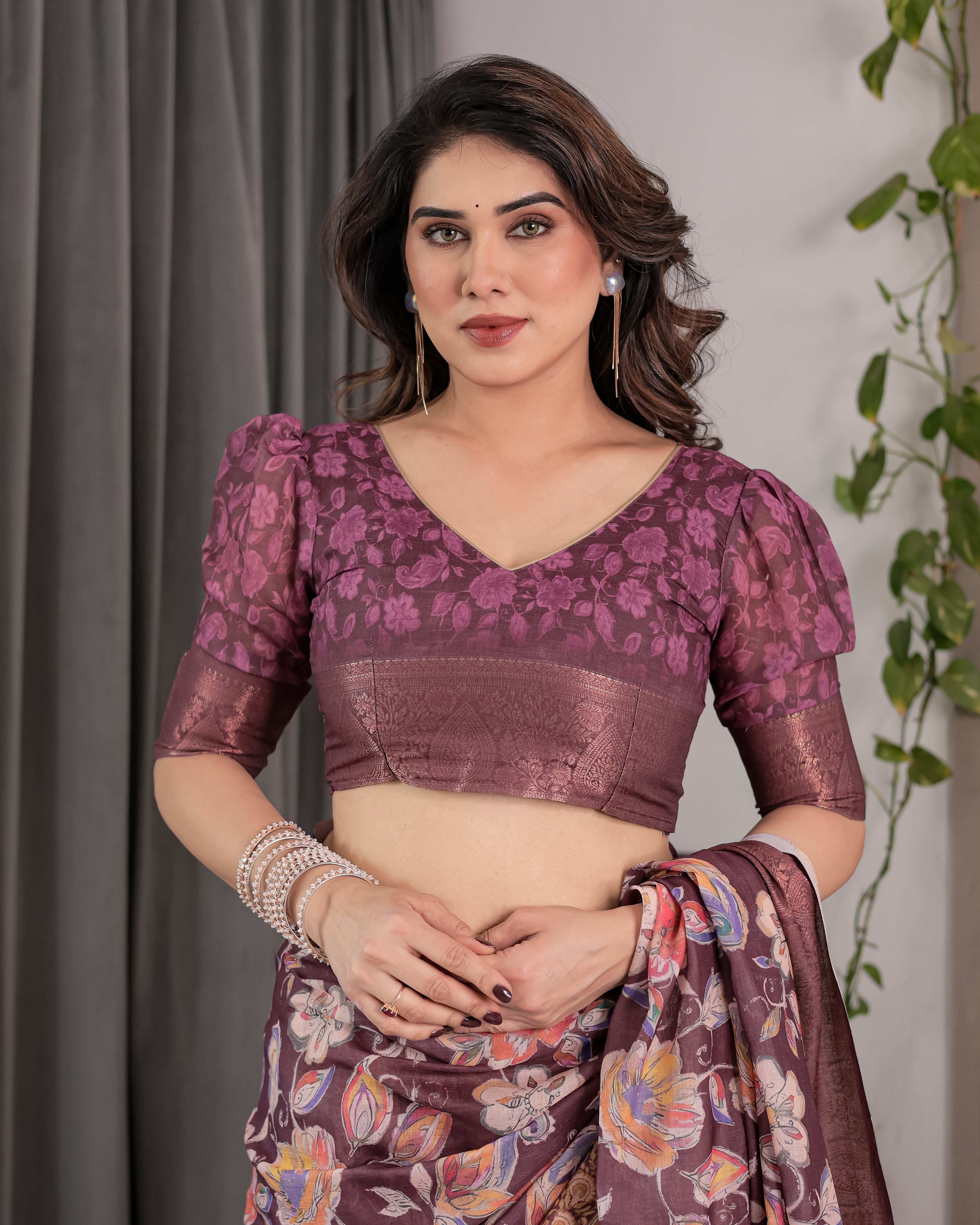 Plum Purple Handloom Linen Saree with Multicolor Floral Pallu & Antique Zari Border | 5.5m Saree + 0.8m Blouse with Tassels