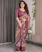 Plum Purple Handloom Linen Saree with Multicolor Floral Pallu & Antique Zari Border | 5.5m Saree + 0.8m Blouse with Tassels