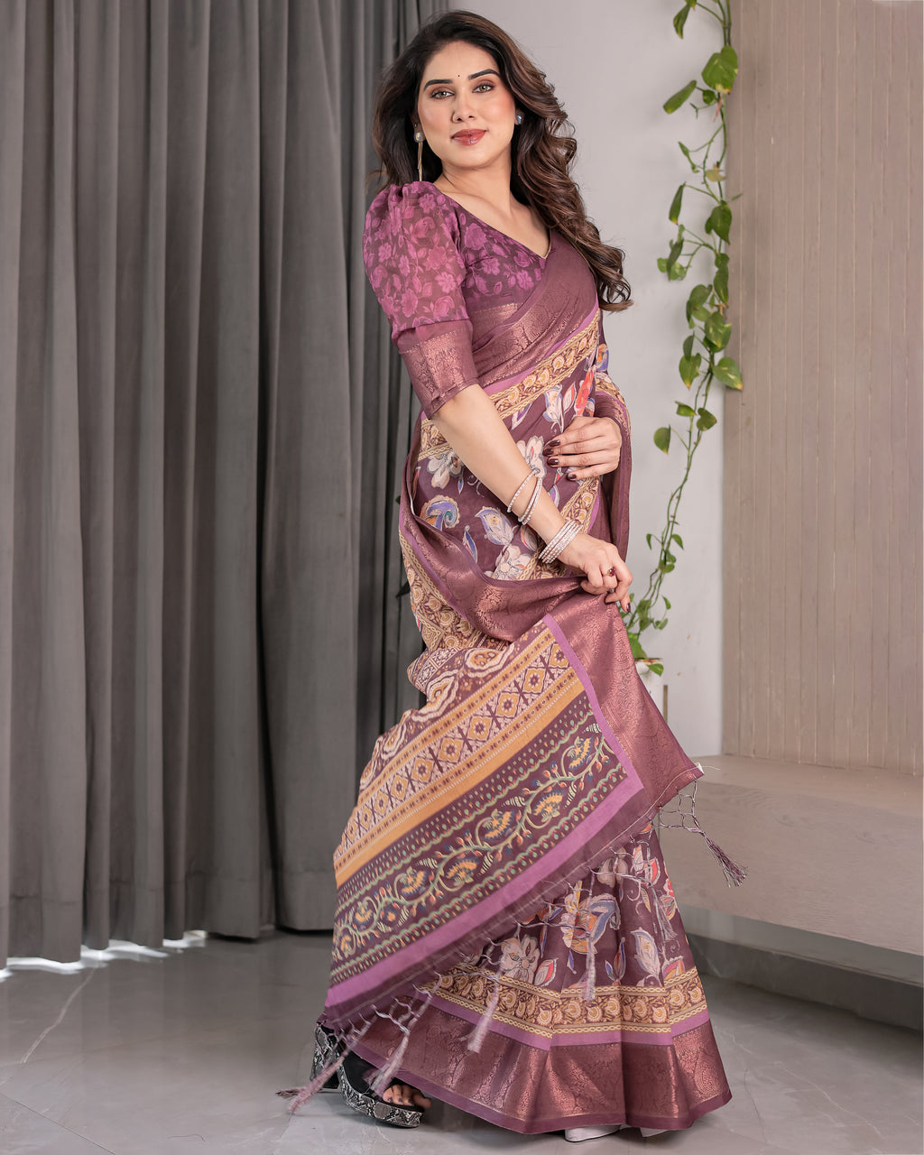 Plum Purple Handloom Linen Saree with Multicolor Floral Pallu & Antique Zari Border | 5.5m Saree + 0.8m Blouse with Tassels