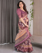 Plum Purple Handloom Linen Saree with Multicolor Floral Pallu & Antique Zari Border | 5.5m Saree + 0.8m Blouse with Tassels