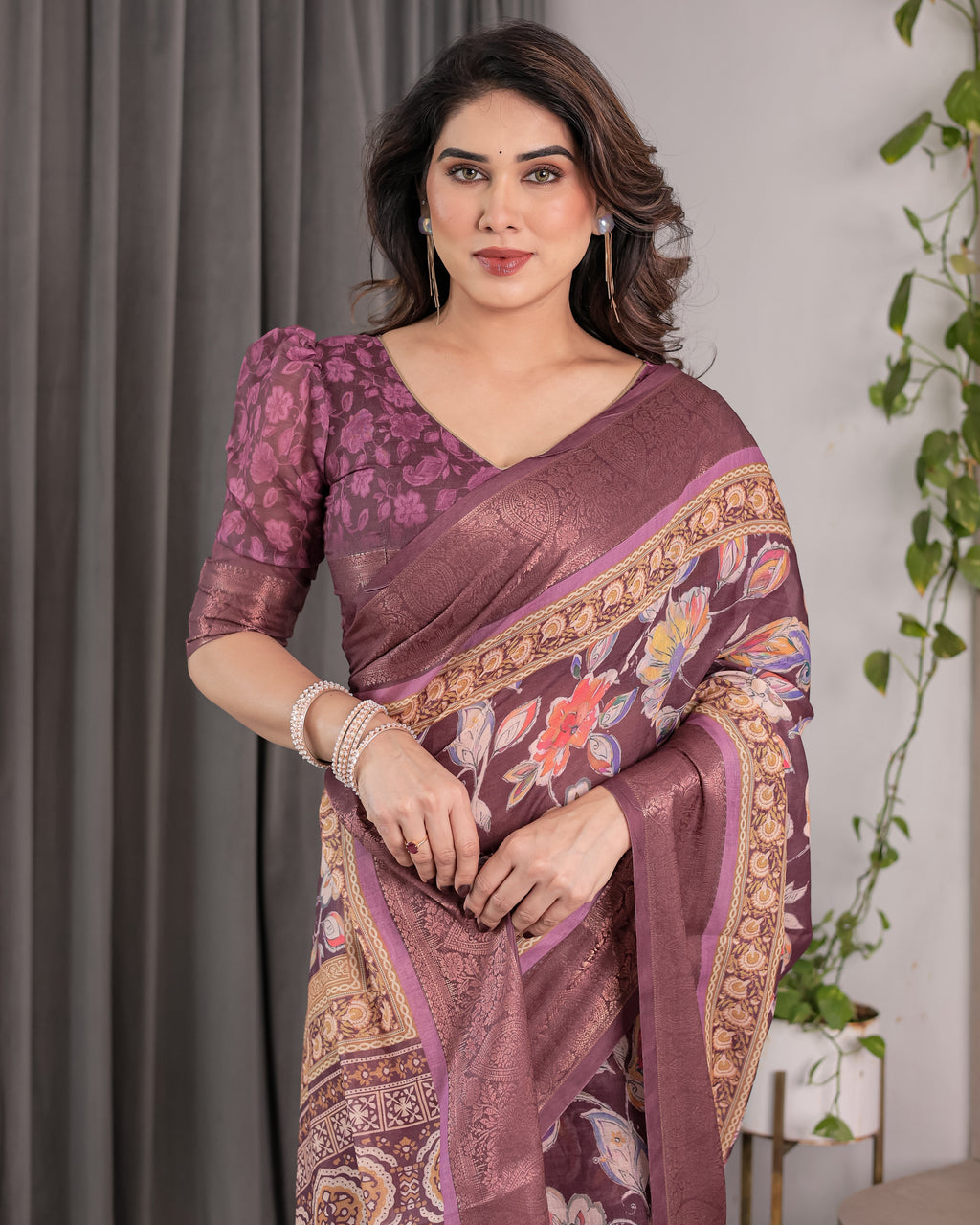 Plum Purple Handloom Linen Saree with Multicolor Floral Pallu & Antique Zari Border | 5.5m Saree + 0.8m Blouse with Tassels