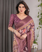 Plum Purple Handloom Linen Saree with Multicolor Floral Pallu & Antique Zari Border | 5.5m Saree + 0.8m Blouse with Tassels