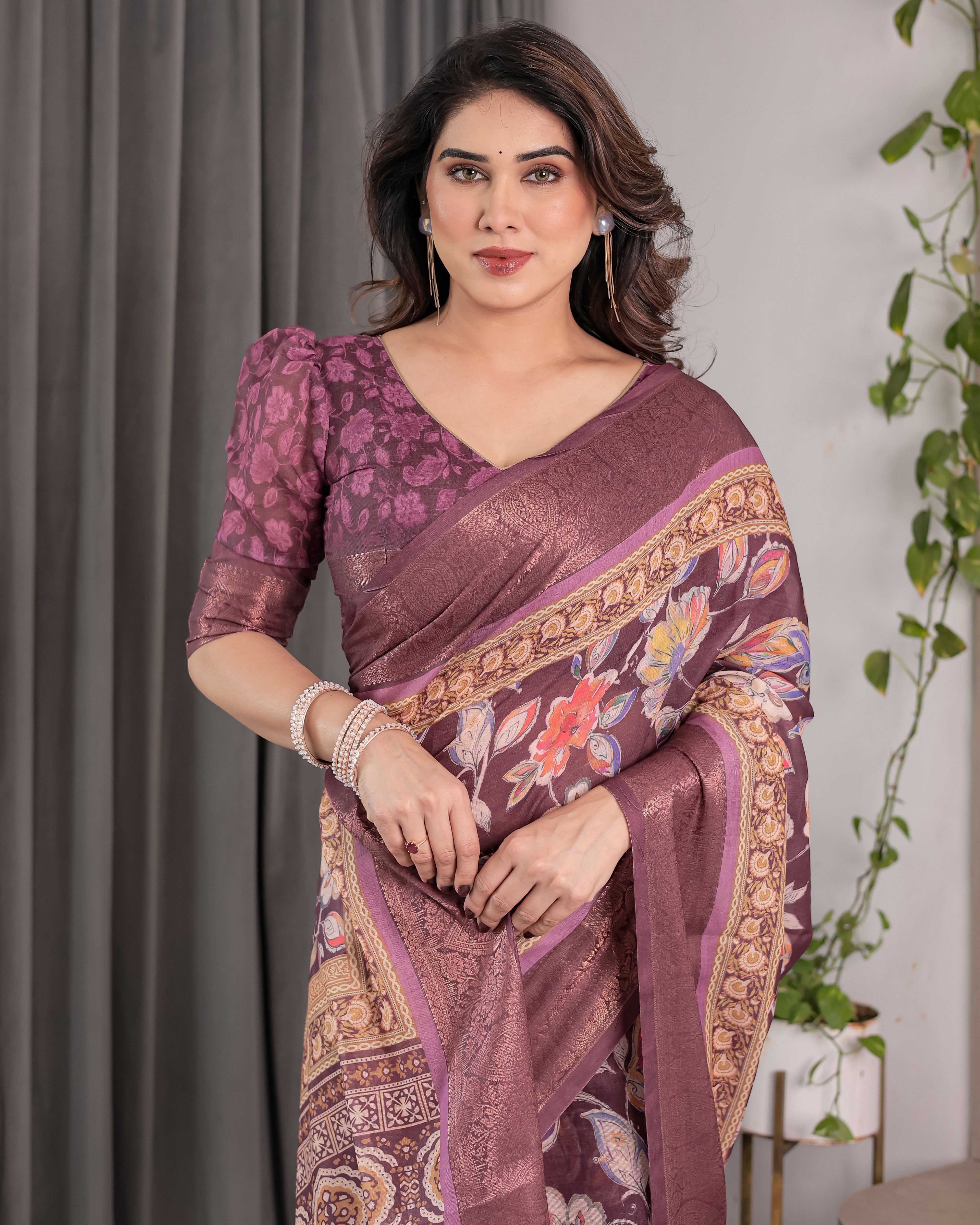 Plum Purple Handloom Linen Saree with Multicolor Floral Pallu & Antique Zari Border | 5.5m Saree + 0.8m Blouse with Tassels