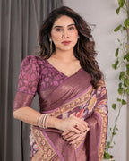 Plum Purple Handloom Linen Saree with Multicolor Floral Pallu & Antique Zari Border | 5.5m Saree + 0.8m Blouse with Tassels