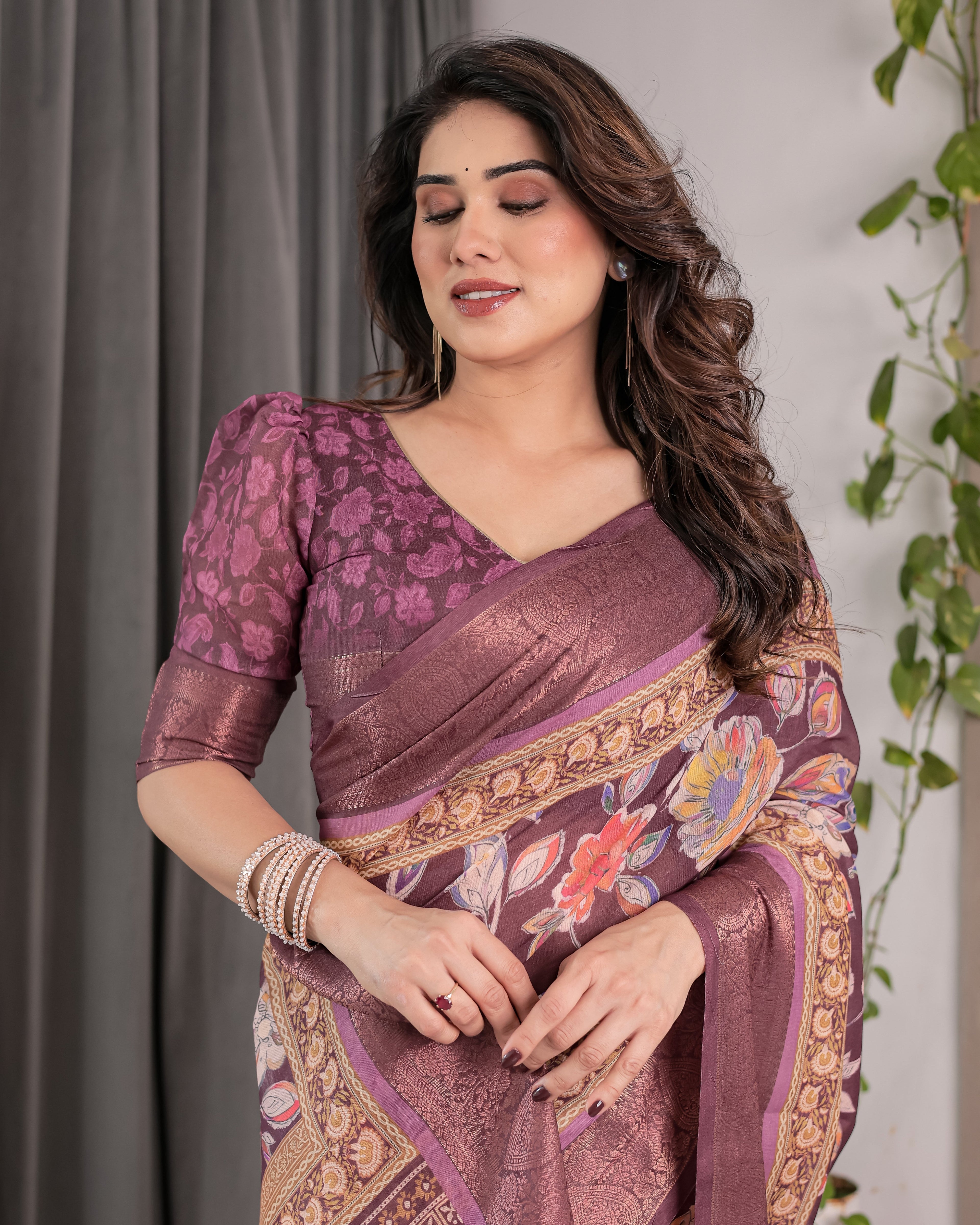 Plum Purple Handloom Linen Saree with Multicolor Floral Pallu & Antique Zari Border | 5.5m Saree + 0.8m Blouse with Tassels