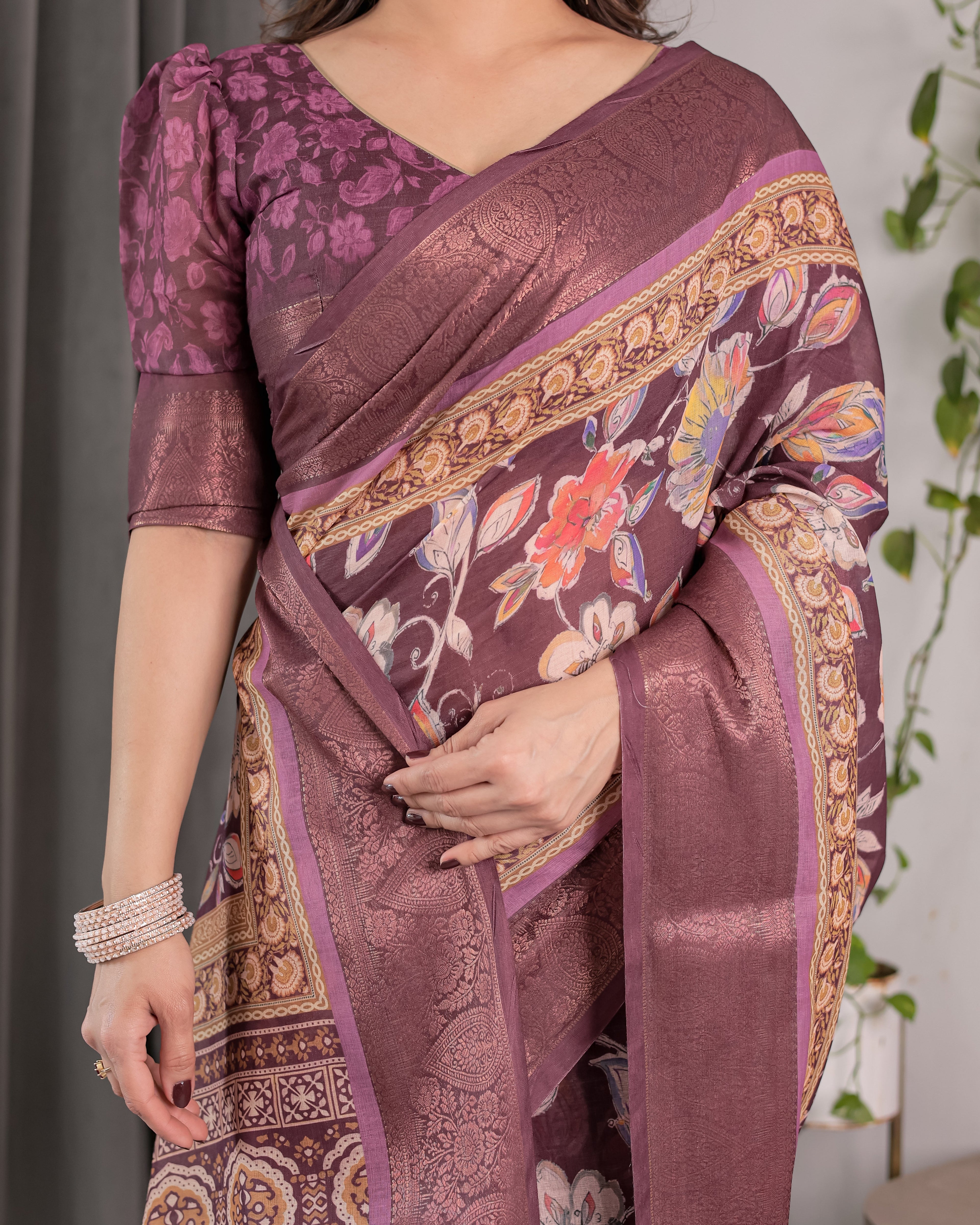 Plum Purple Handloom Linen Saree with Multicolor Floral Pallu & Antique Zari Border | 5.5m Saree + 0.8m Blouse with Tassels