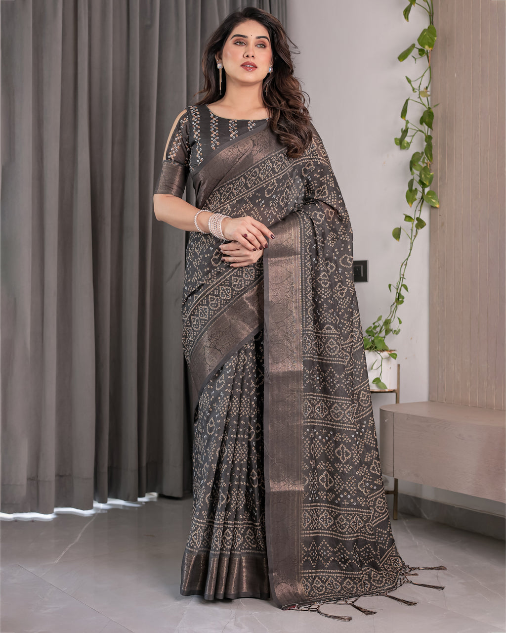 Charcoal Black Handloom Linen Saree with Ivory Tribal Bandhani Print & Zari Border | Tassel Pallu | 5.5m Saree + 0.8m Blouse