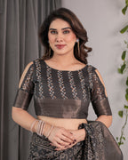 Charcoal Black Handloom Linen Saree with Ivory Tribal Bandhani Print & Zari Border | Tassel Pallu | 5.5m Saree + 0.8m Blouse