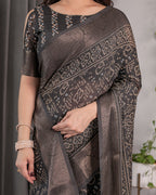 Charcoal Black Handloom Linen Saree with Ivory Tribal Bandhani Print & Zari Border | Tassel Pallu | 5.5m Saree + 0.8m Blouse