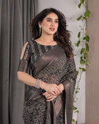 Charcoal Black Handloom Linen Saree with Ivory Tribal Bandhani Print & Zari Border | Tassel Pallu | 5.5m Saree + 0.8m Blouse