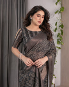Charcoal Black Handloom Linen Saree with Ivory Tribal Bandhani Print & Zari Border | Tassel Pallu | 5.5m Saree + 0.8m Blouse