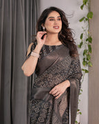 Charcoal Black Handloom Linen Saree with Ivory Tribal Bandhani Print & Zari Border | Tassel Pallu | 5.5m Saree + 0.8m Blouse