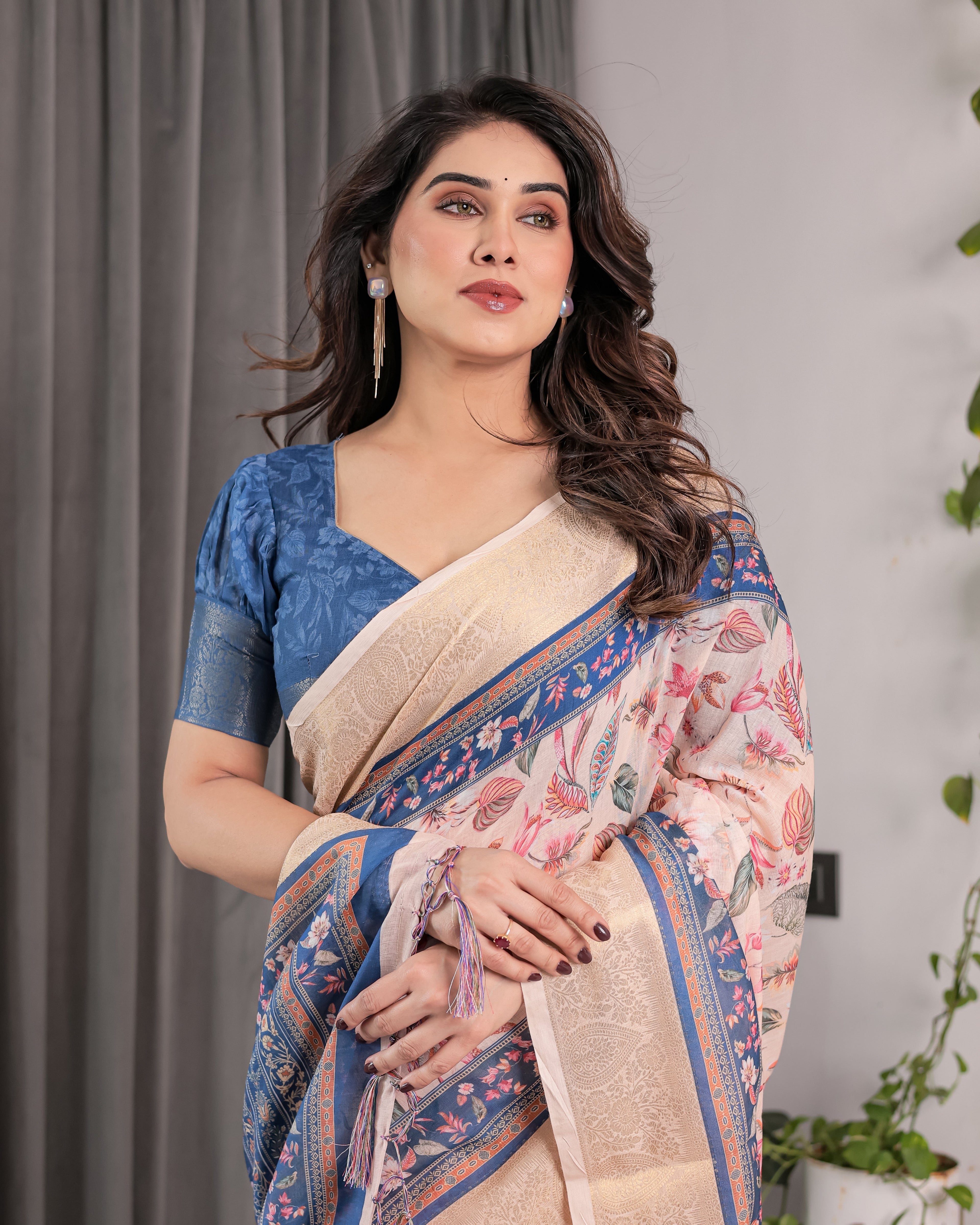 Ivory Pink Handloom Linen Saree with Multicolor Botanical Print & Navy Blue Pallu | Gold Zari Border & Tassel Detailing | 5.5m Saree + 0.8m Blouse