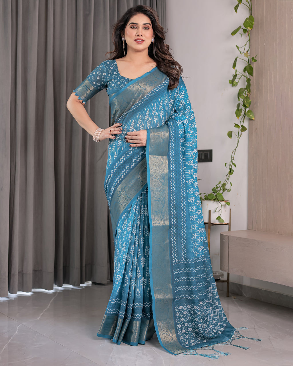 Teal Blue Handloom Linen Saree with White Ethnic Motifs & Zari Border | Artistic Pallu & Tassel Finish | 5.5m Saree + 0.8m Blouse