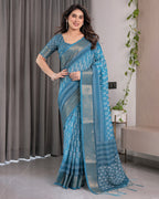 Teal Blue Handloom Linen Saree with White Ethnic Motifs & Zari Border | Artistic Pallu & Tassel Finish | 5.5m Saree + 0.8m Blouse