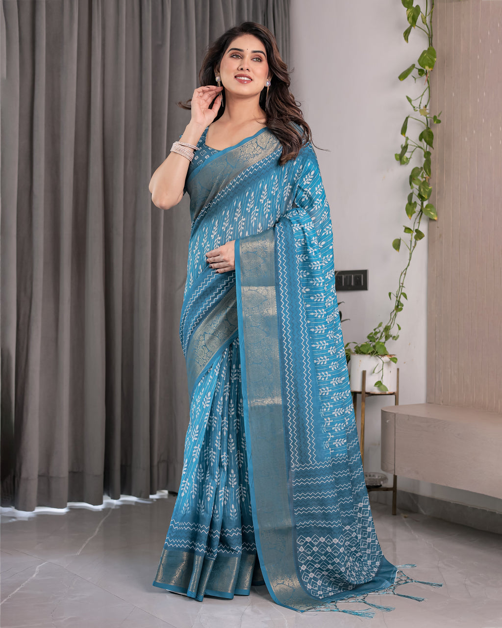 Teal Blue Handloom Linen Saree with White Ethnic Motifs & Zari Border | Artistic Pallu & Tassel Finish | 5.5m Saree + 0.8m Blouse