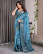 Teal Blue Handloom Linen Saree with White Ethnic Motifs & Zari Border | Artistic Pallu & Tassel Finish | 5.5m Saree + 0.8m Blouse