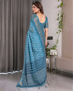 Teal Blue Handloom Linen Saree with White Ethnic Motifs & Zari Border | Artistic Pallu & Tassel Finish | 5.5m Saree + 0.8m Blouse