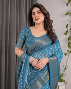 Teal Blue Handloom Linen Saree with White Ethnic Motifs & Zari Border | Artistic Pallu & Tassel Finish | 5.5m Saree + 0.8m Blouse