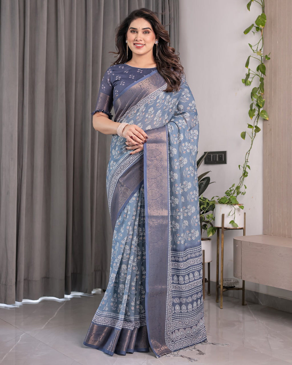 Slate Blue Handloom Linen Floral Printed Saree with Zari Border & Paisley Pallu | 5.5m Saree with 0.8m Blouse Piece | Tassel Finish
