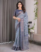 Slate Blue Handloom Linen Floral Printed Saree with Zari Border & Paisley Pallu | 5.5m Saree with 0.8m Blouse Piece | Tassel Finish