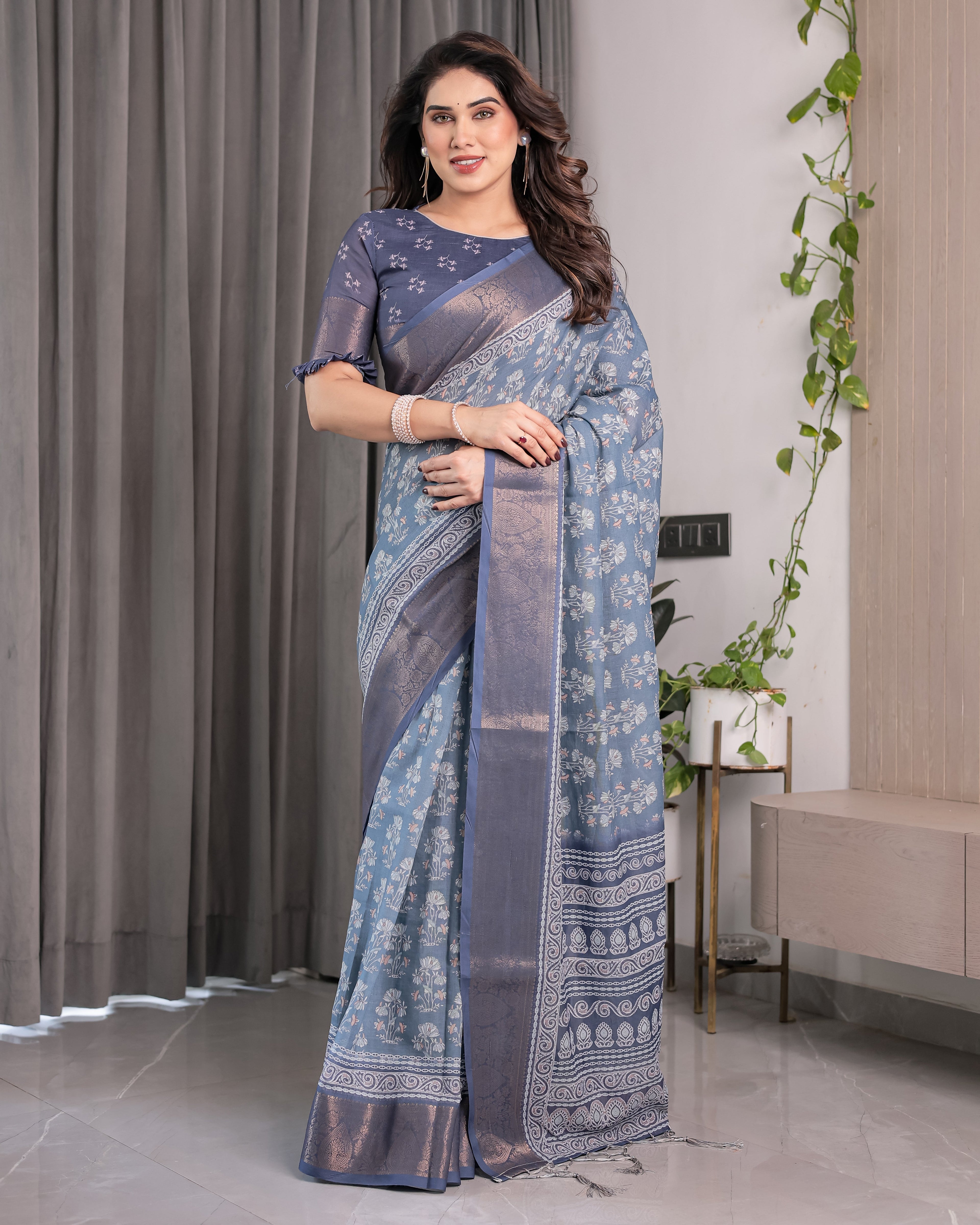 Slate Blue Handloom Linen Floral Printed Saree with Zari Border & Paisley Pallu | 5.5m Saree with 0.8m Blouse Piece | Tassel Finish