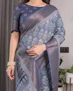 Slate Blue Handloom Linen Floral Printed Saree with Zari Border & Paisley Pallu | 5.5m Saree with 0.8m Blouse Piece | Tassel Finish