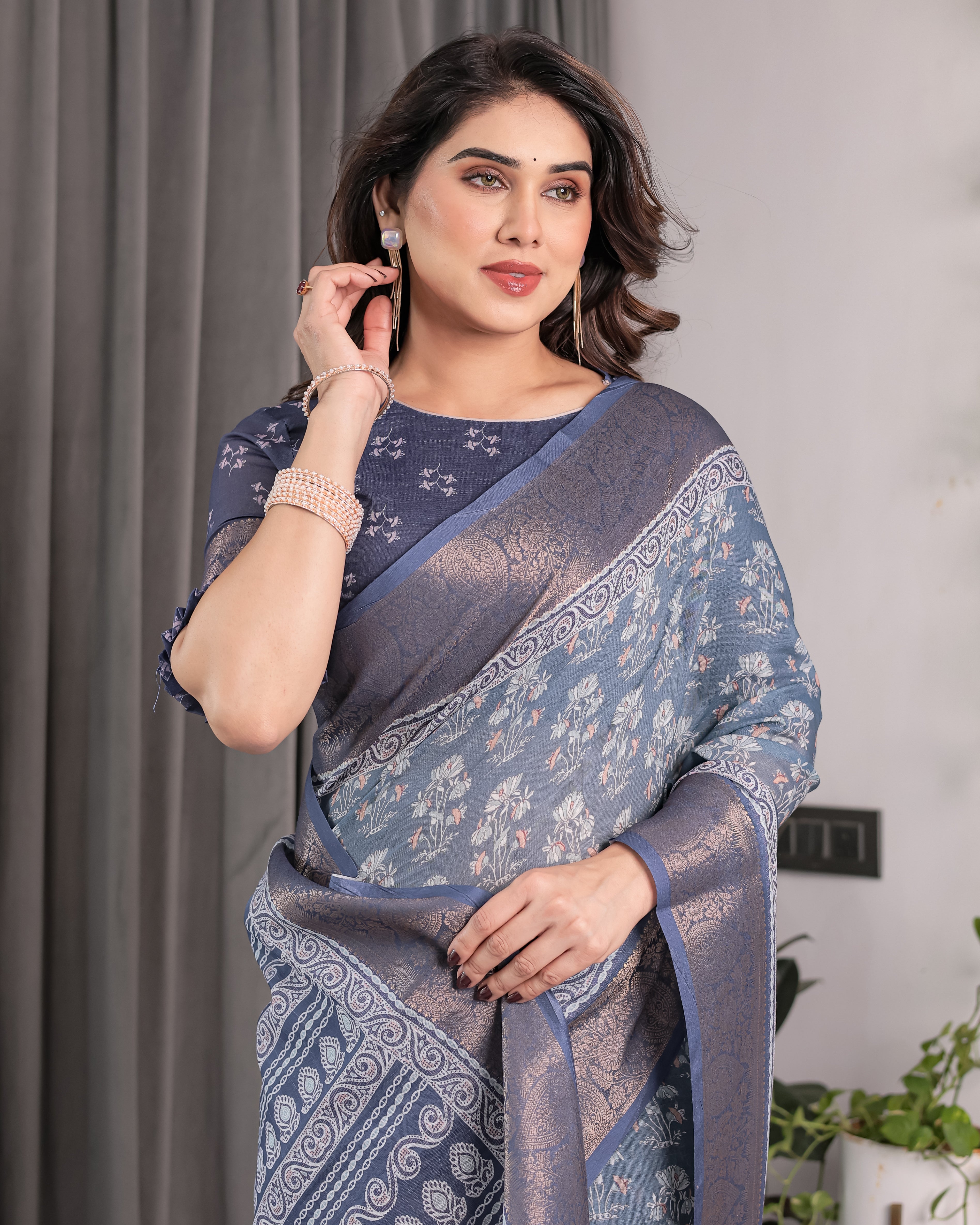 Slate Blue Handloom Linen Floral Printed Saree with Zari Border & Paisley Pallu | 5.5m Saree with 0.8m Blouse Piece | Tassel Finish